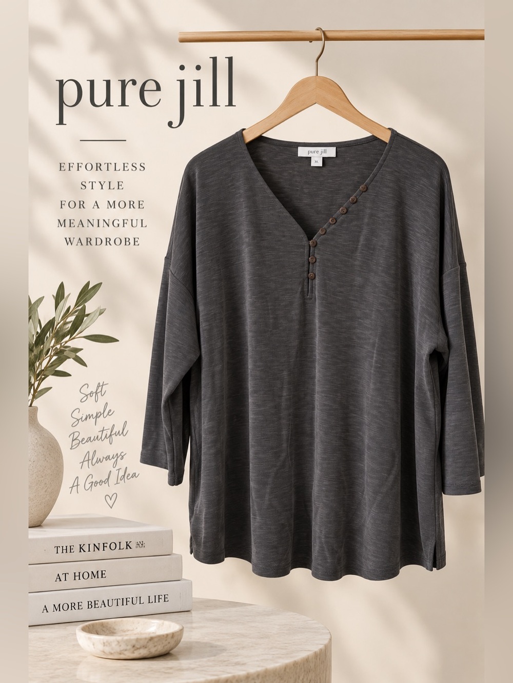 Pure Jill Sand-Washed Tencel Modal Henley Tunic Top Size XL Gray